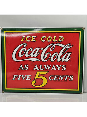 1990 Coca-Cola Ice Cold 5 Cents Porcelain Sign Vintage Style Soda Advertising